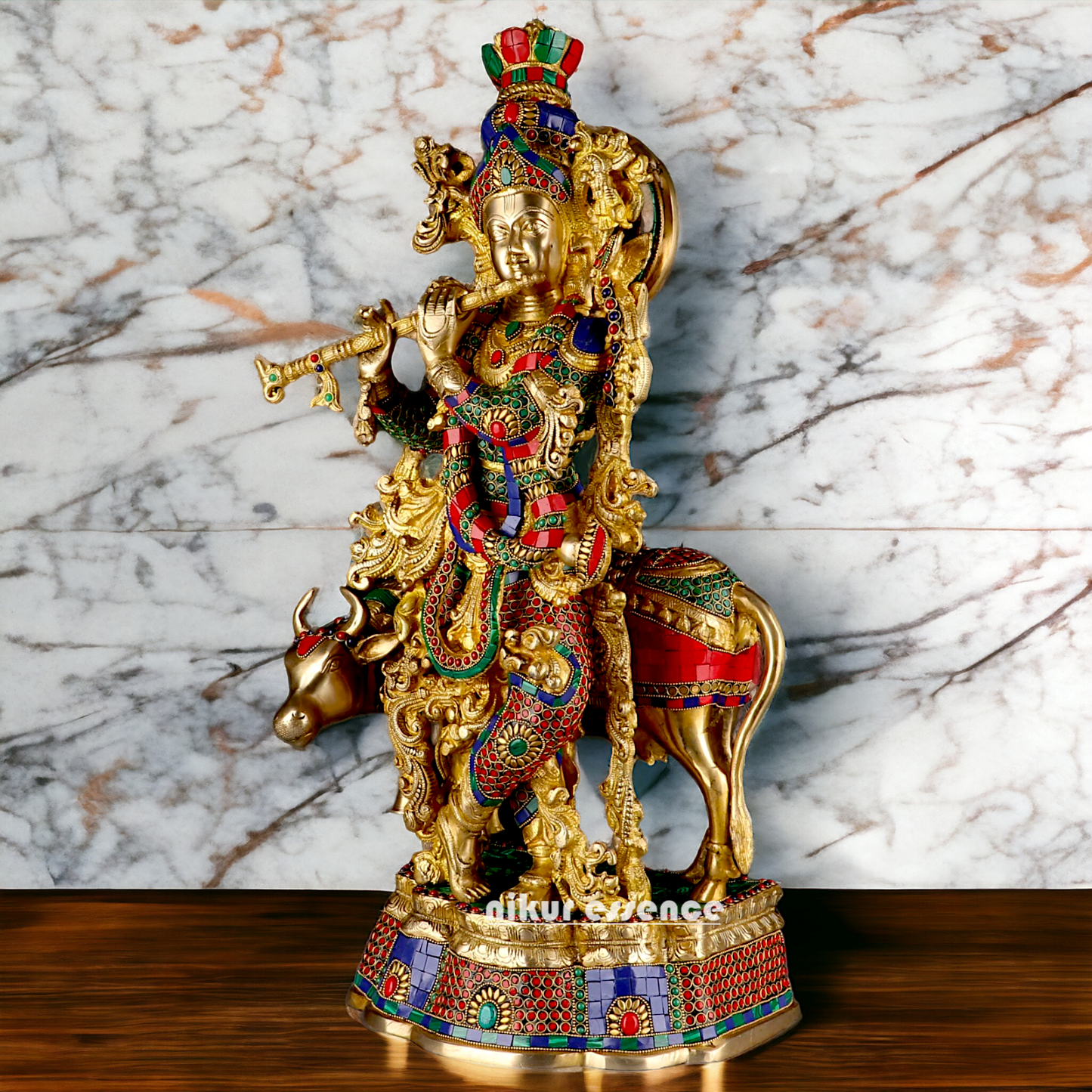 Big Krishna Cow Brass with stone work- 26 Inch Nikuressence