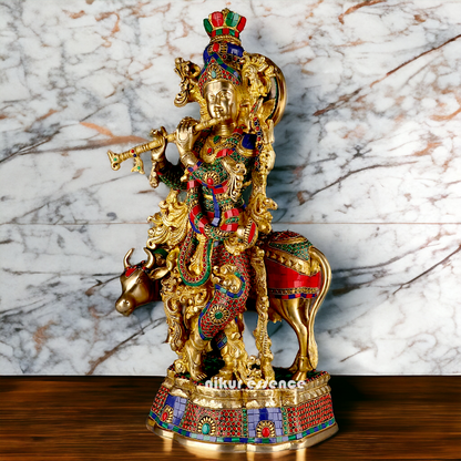 Big Krishna Cow Brass with stone work- 26 Inch Nikuressence