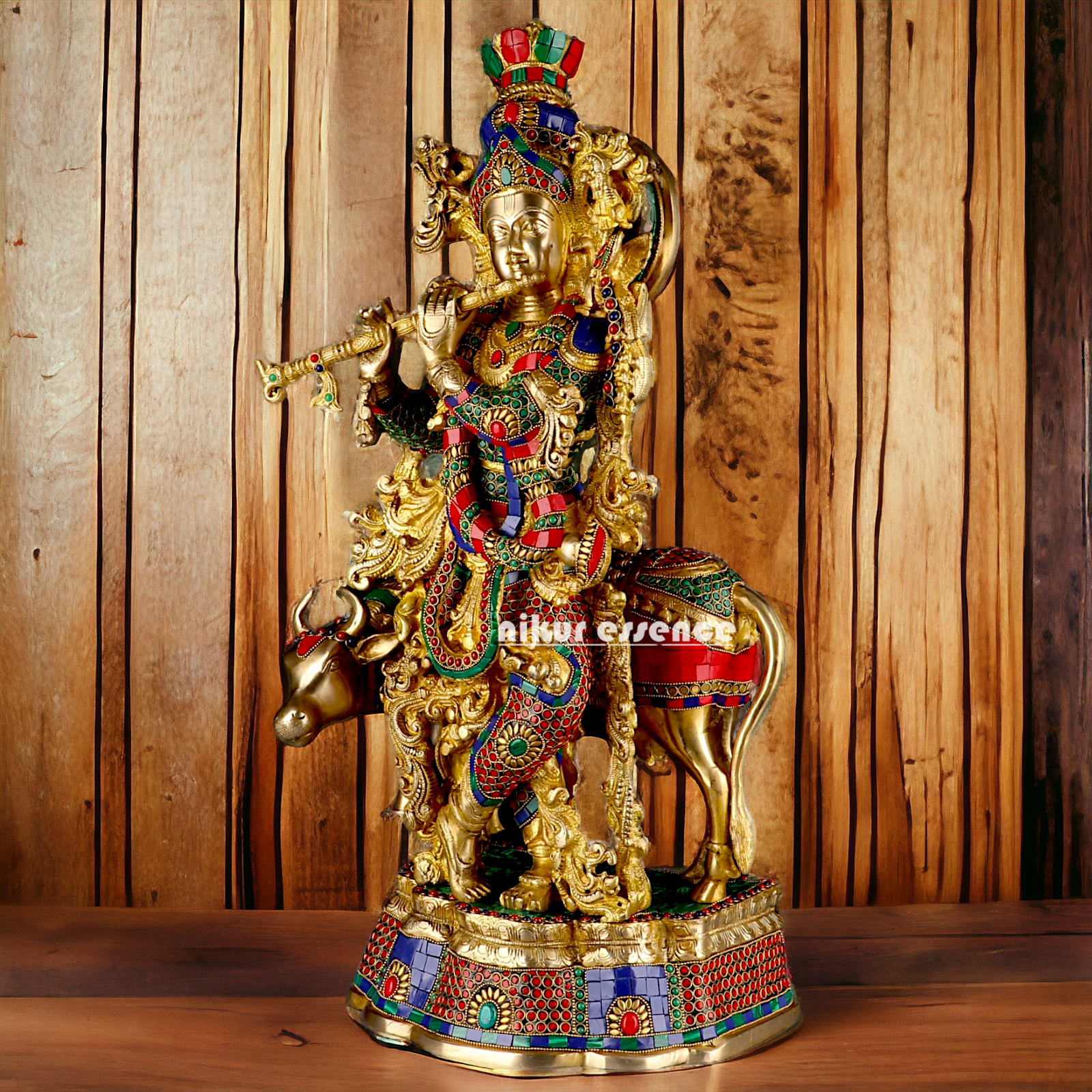 Big Krishna Cow Brass with stone work- 26 Inch Nikuressence
