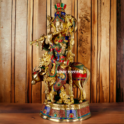 Big Krishna Cow Brass with stone work- 26 Inch Nikuressence