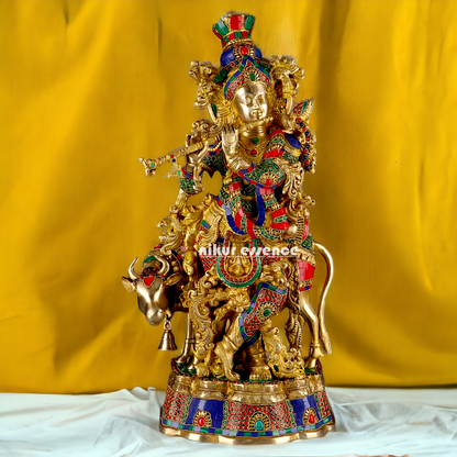 Big Krishna Cow Brass with stone work- 26 Inch Nikuressence