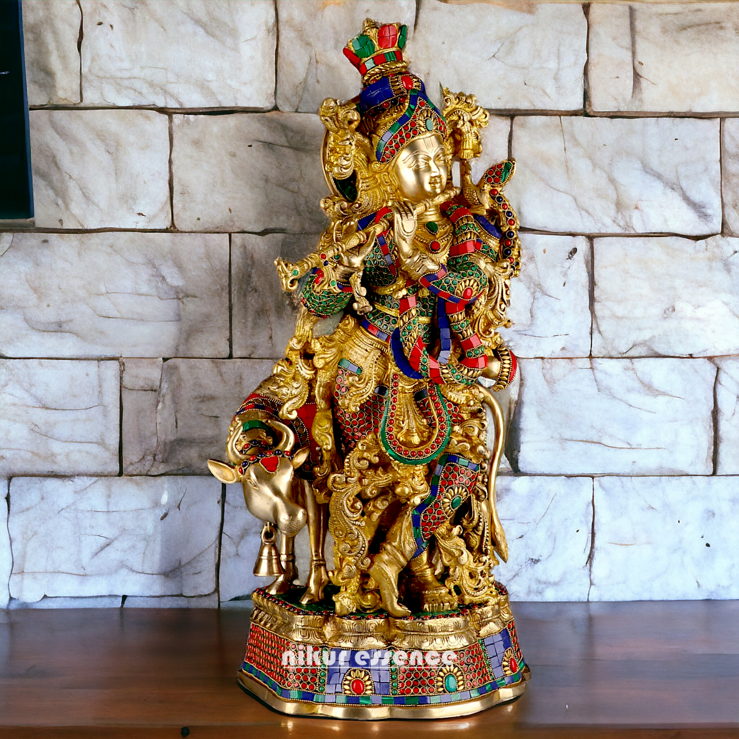 Big Krishna Cow Brass with stone work- 26 Inch Nikuressence