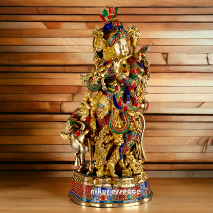 Big Krishna Cow Brass with stone work- 26 Inch Nikuressence