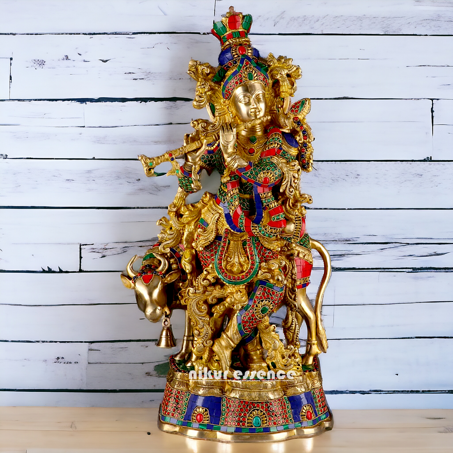 Big Krishna Cow Brass with stone work- 26 Inch Nikuressence
