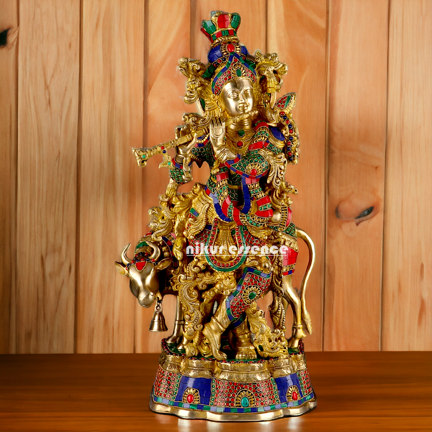 Big Krishna Cow Brass with stone work- 26 Inch Nikuressence