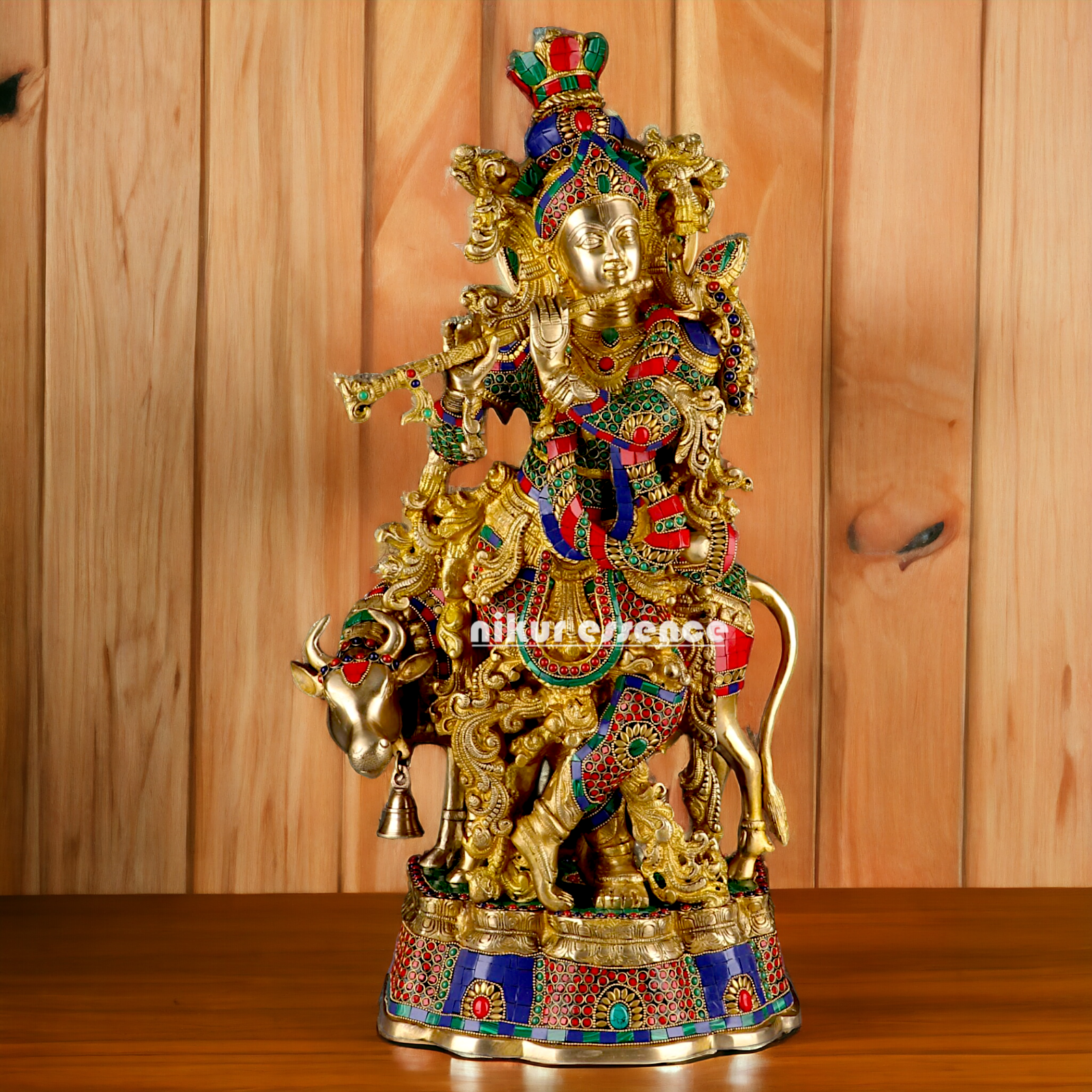 Big Krishna Cow Brass with stone work- 26 Inch Nikuressence