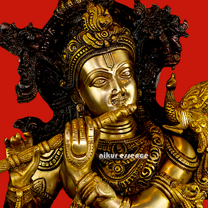 Brass Krishna with Cow Playing Flute statue - 26.5 inch Nikuressence