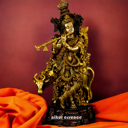 Brass Krishna with Cow Playing Flute statue - 26.5 inch Nikuressence