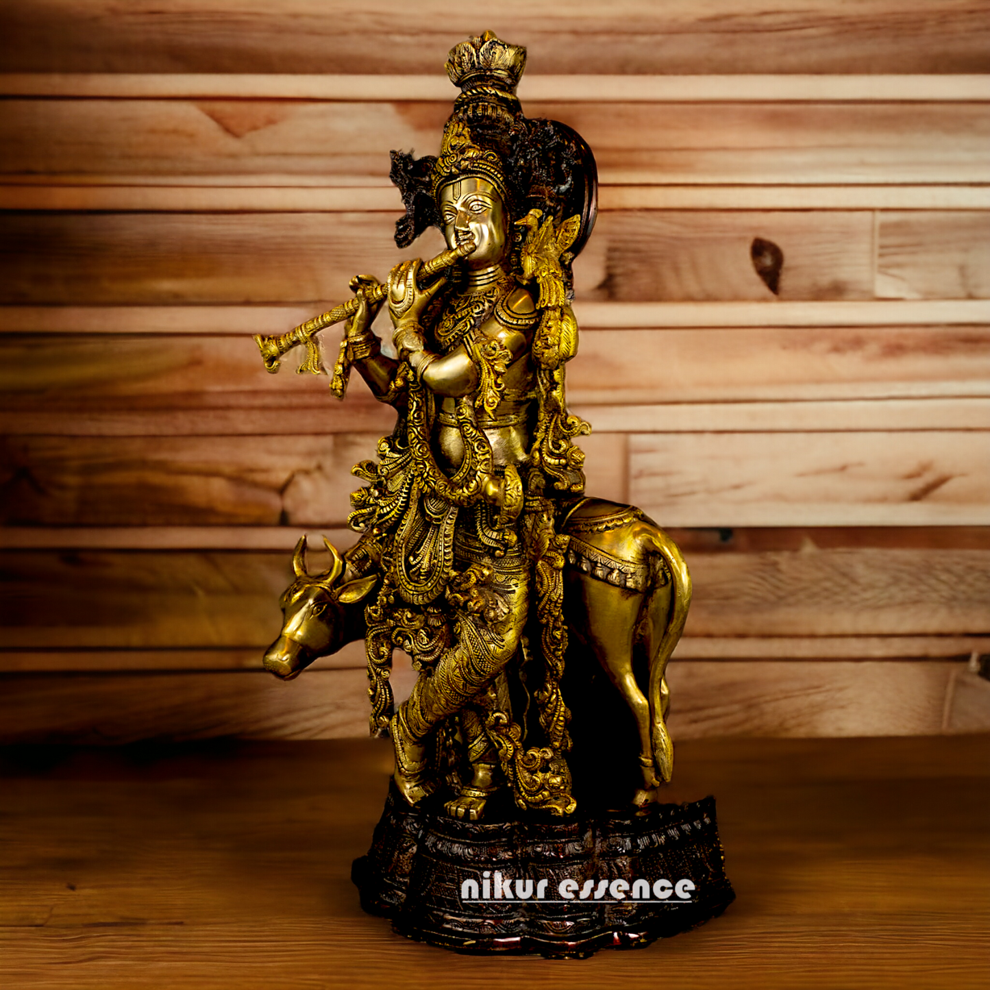 Brass Krishna with Cow Playing Flute statue - 26.5 inch Nikuressence