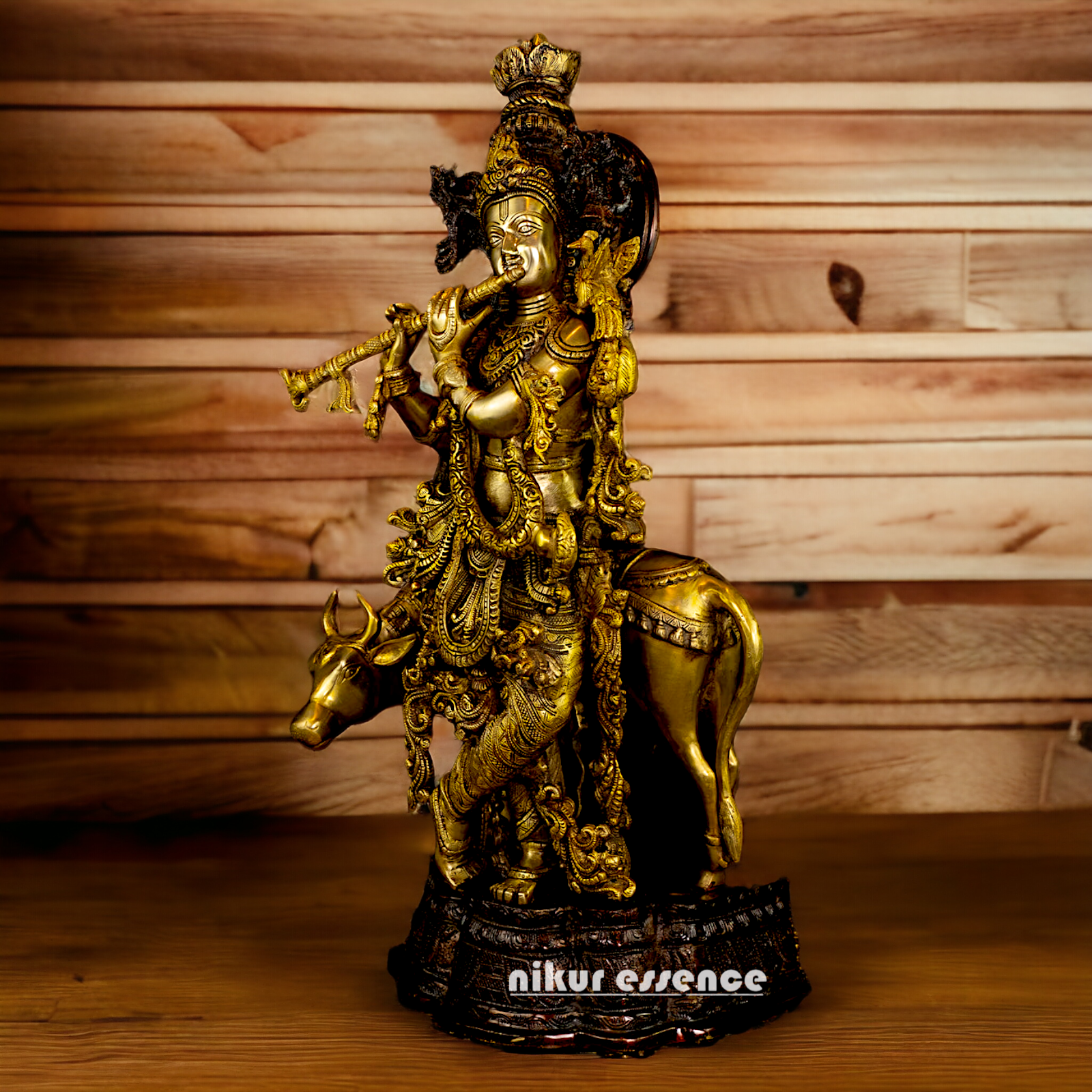 Brass Krishna with Cow Playing Flute statue - 26.5 inch Nikuressence