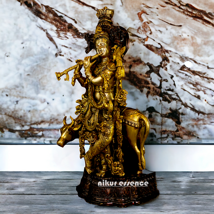 Brass Krishna with Cow Playing Flute statue - 26.5 inch Nikuressence