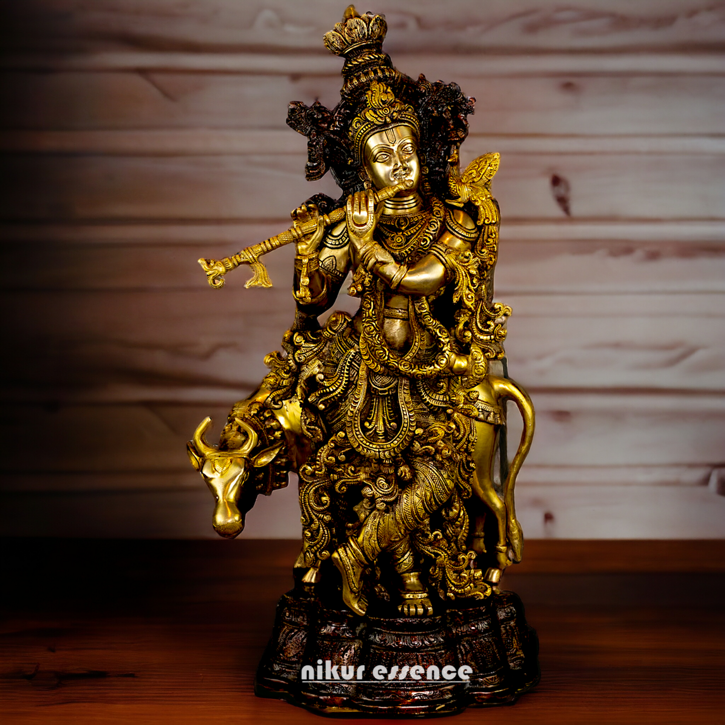Brass Krishna with Cow Playing Flute statue - 26.5 inch Nikuressence