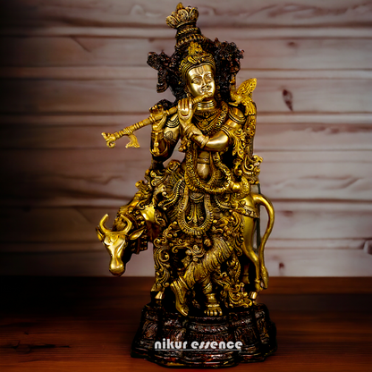 Brass Krishna with Cow Playing Flute statue - 26.5 inch Nikuressence