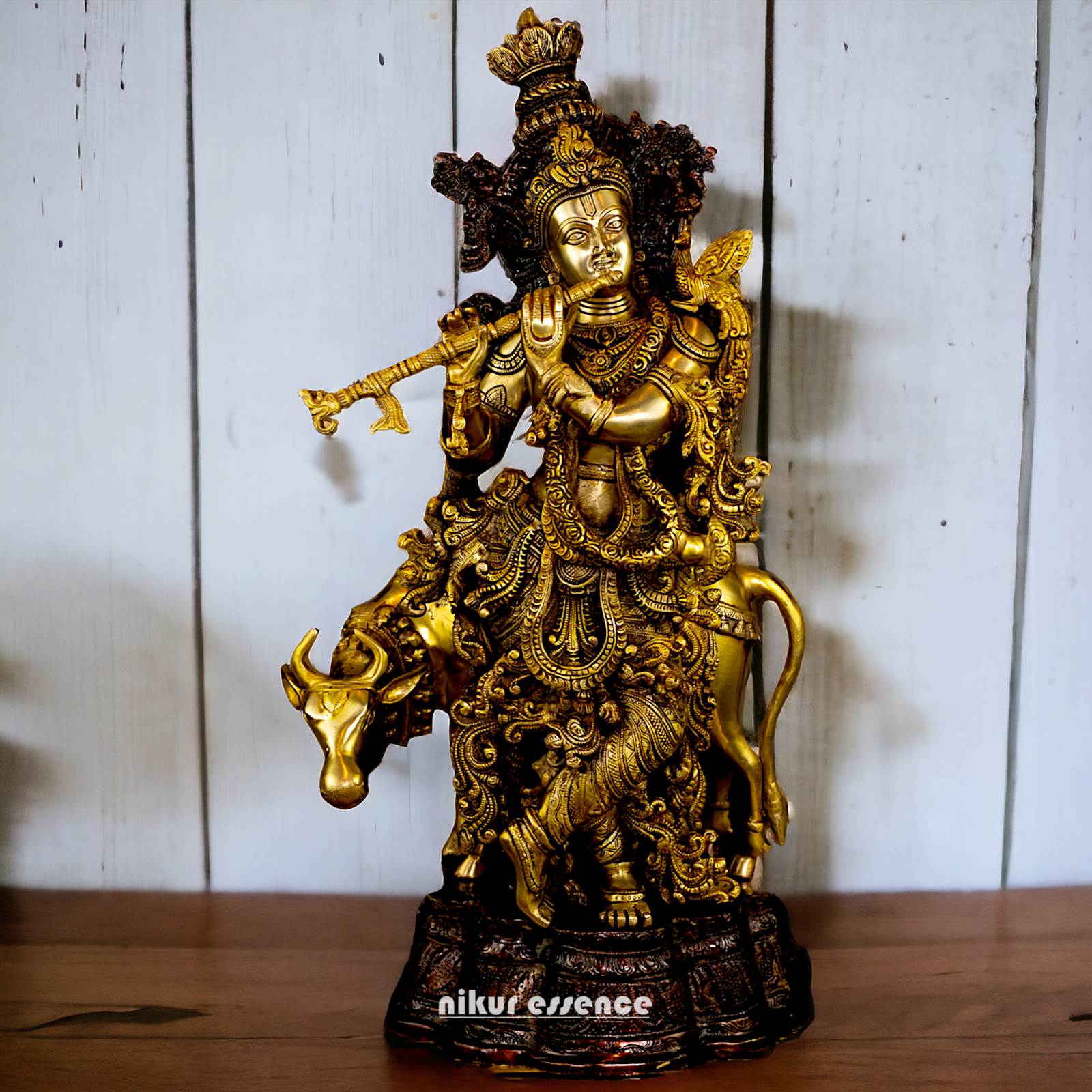 Brass Krishna with Cow Playing Flute statue - 26.5 inch Nikuressence