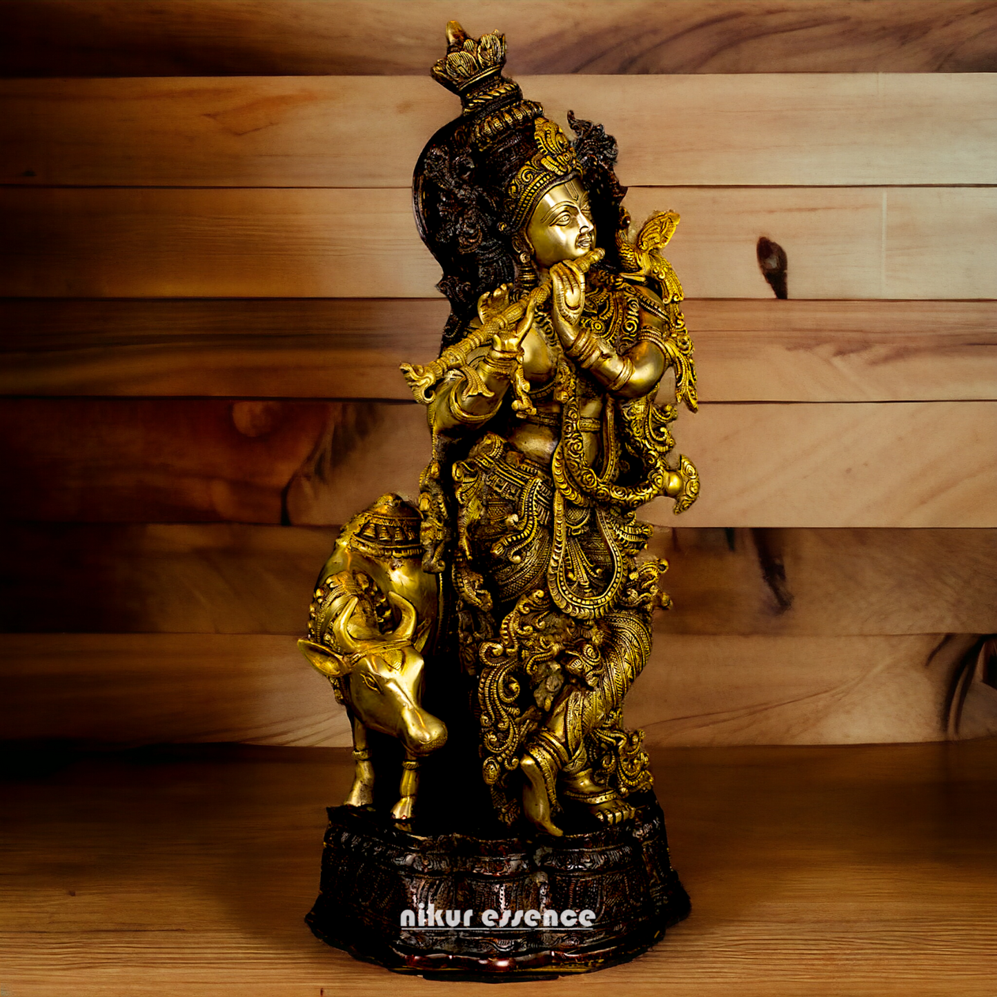 Brass Krishna with Cow Playing Flute statue - 26.5 inch Nikuressence
