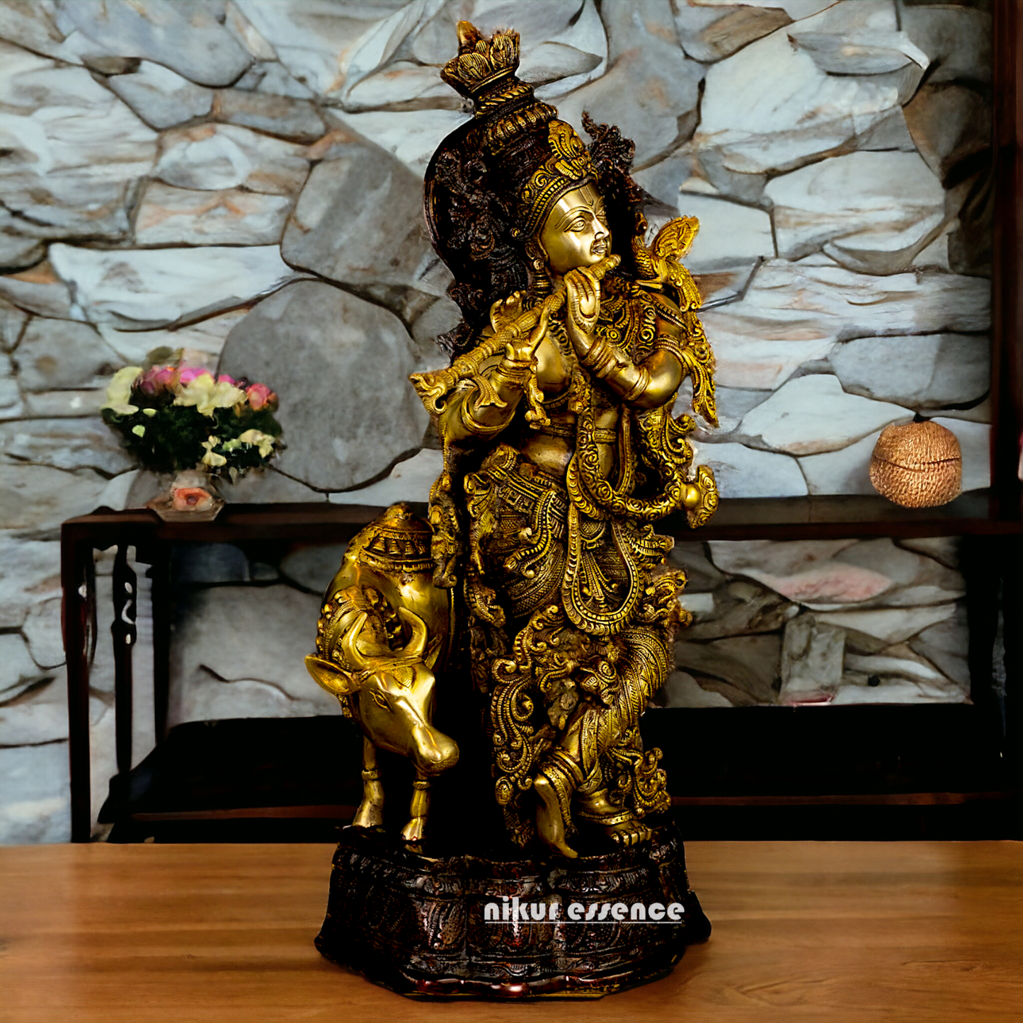 Brass Krishna with Cow Playing Flute statue - 26.5 inch Nikuressence