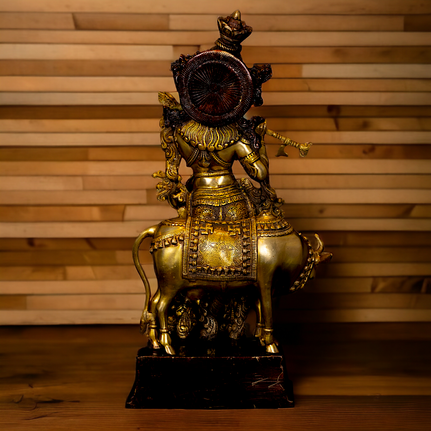 Brass Krishna with Cow Playing Flute statue - 26.5 inch Nikuressence