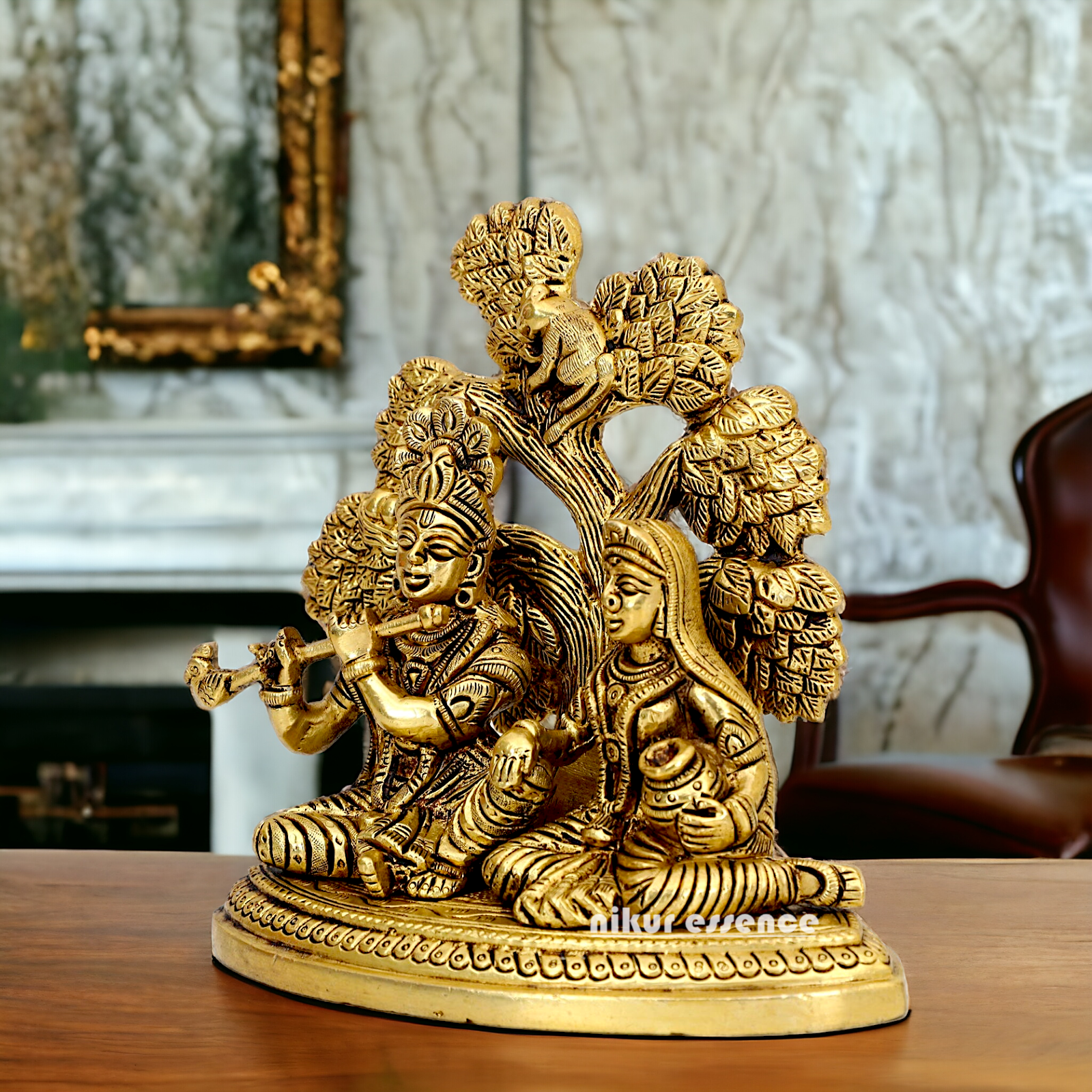 Shop Radha Krishna Sitting with Tree solid Brass idol - 5.5 inch Nikuressence