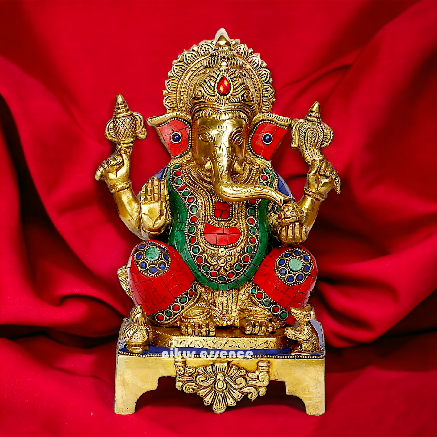 Buy Ganesha Ganesha Sitting Brass with Stone Work statue - 11 inch Nikuressence