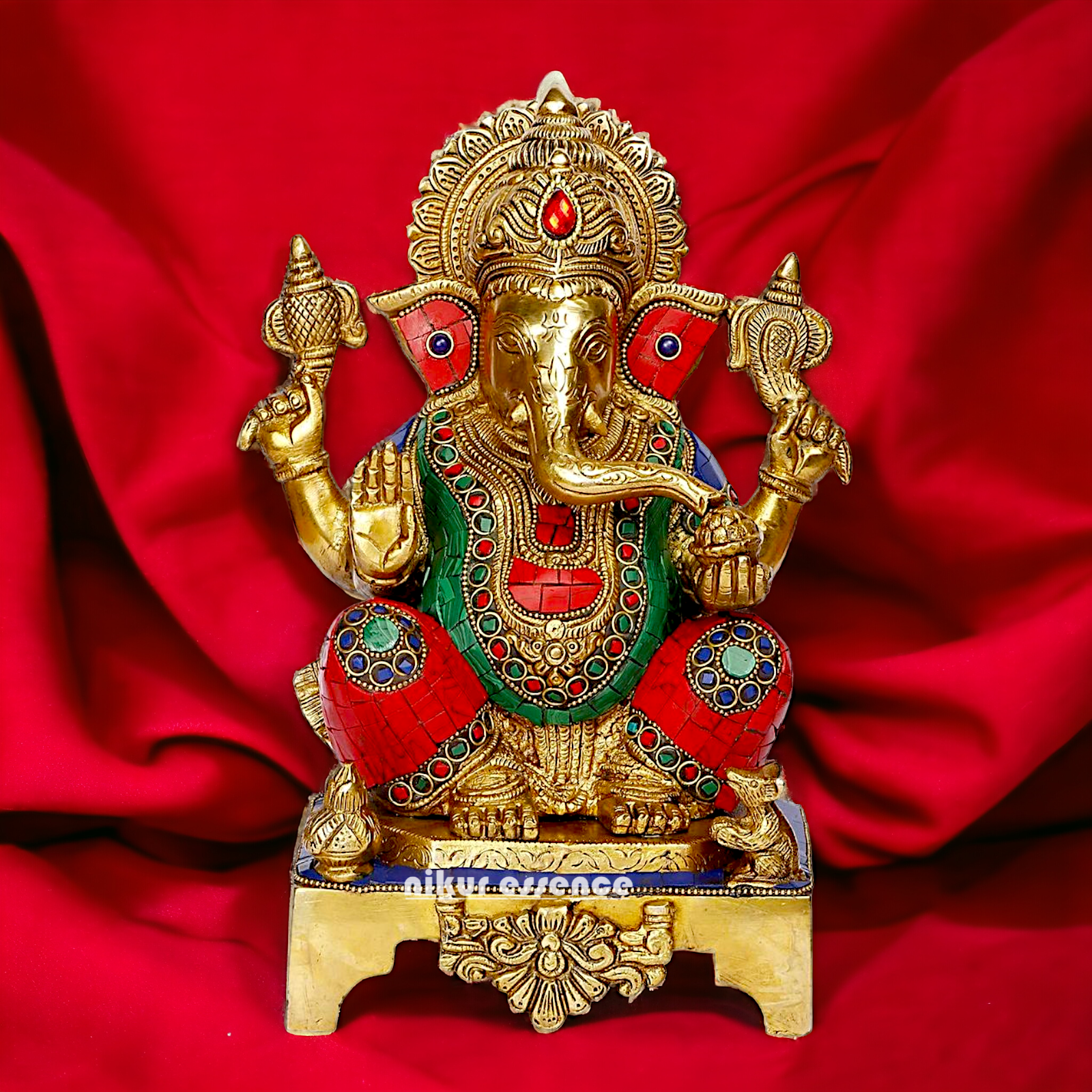 Buy Ganesha Ganesha Sitting Brass with Stone Work statue - 11 inch Nikuressence