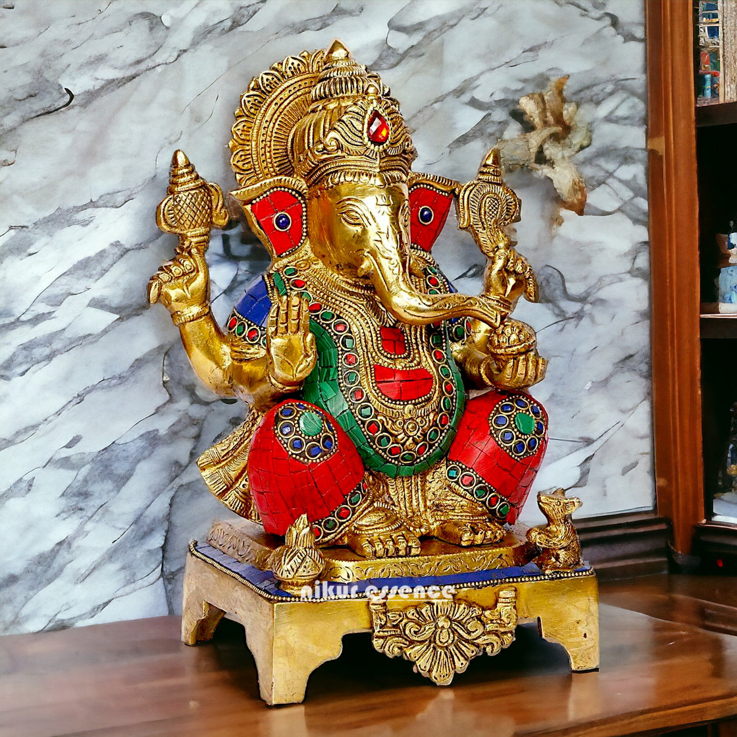 Buy Ganesha Ganesha Sitting Brass with Stone Work statue - 11 inch Nikuressence