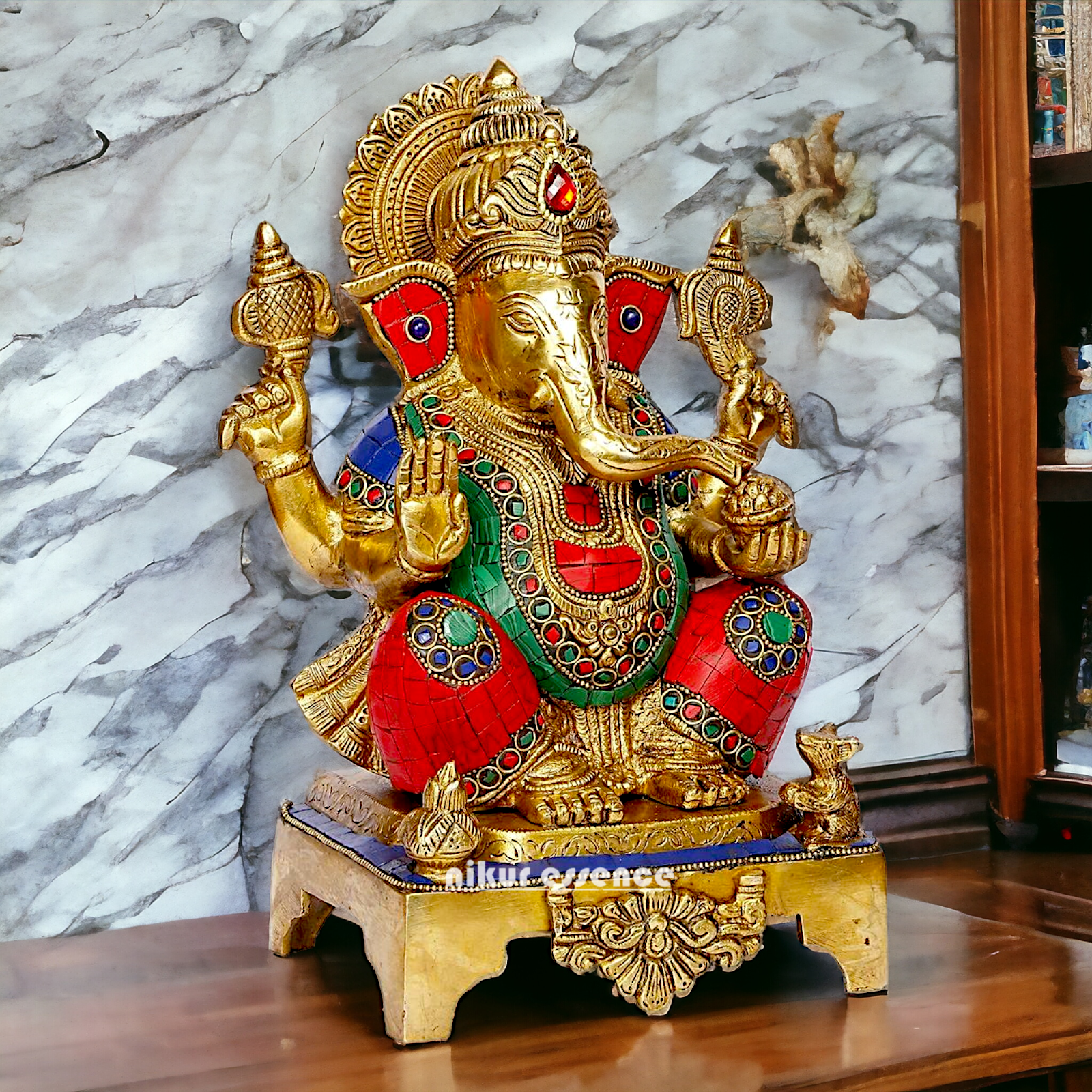 Buy Ganesha Ganesha Sitting Brass with Stone Work statue - 11 inch Nikuressence