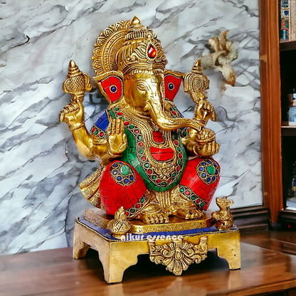 Buy Ganesha Ganesha Sitting Brass with Stone Work statue - 11 inch Nikuressence