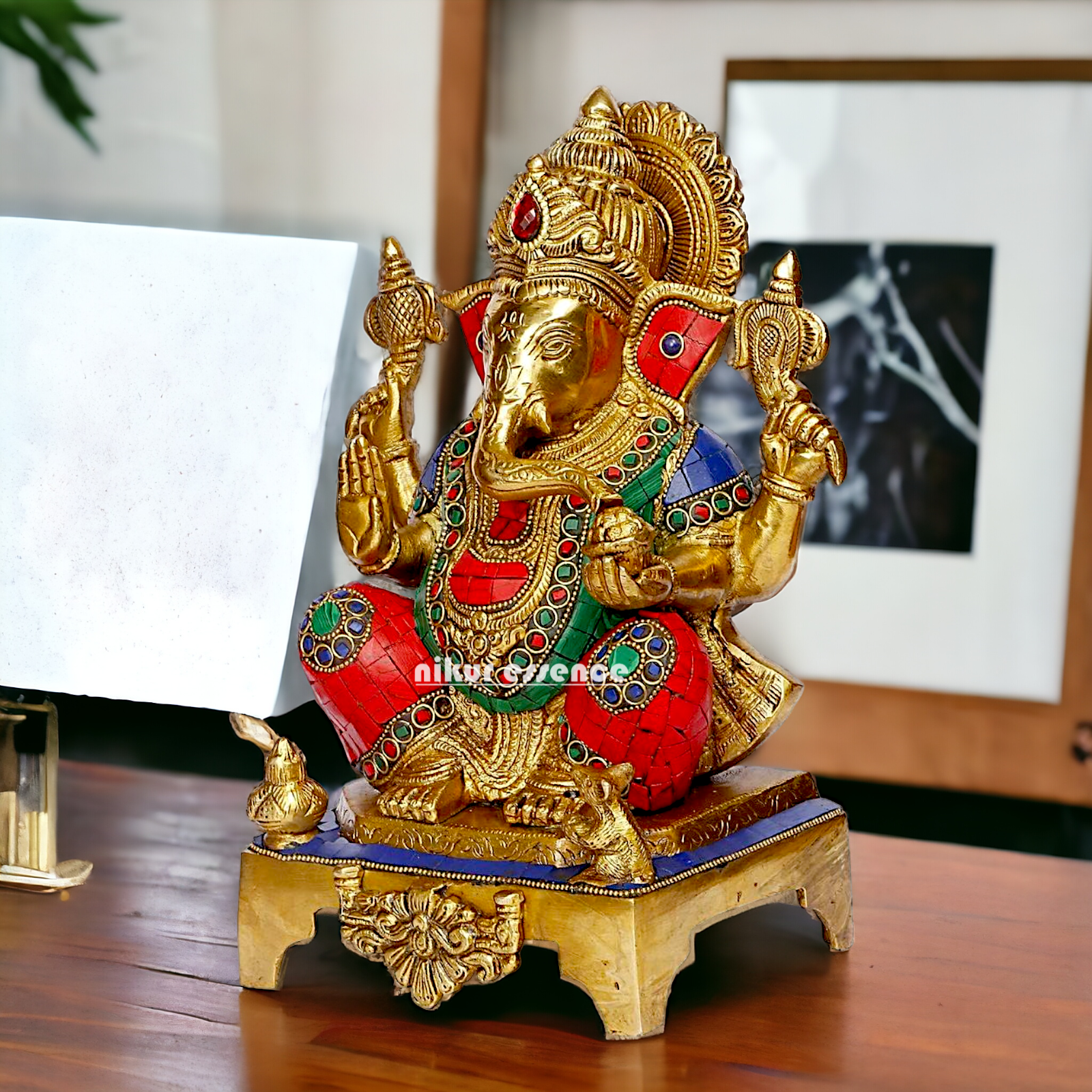 Buy Ganesha Ganesha Sitting Brass with Stone Work statue - 11 inch Nikuressence