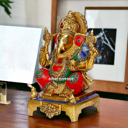 Buy Ganesha Ganesha Sitting Brass with Stone Work statue - 11 inch Nikuressence
