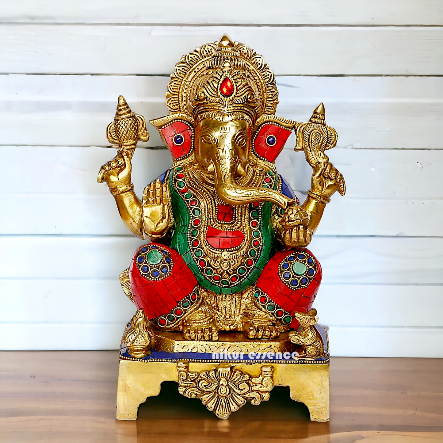Buy Ganesha Ganesha Sitting Brass with Stone Work statue - 11 inch Nikuressence
