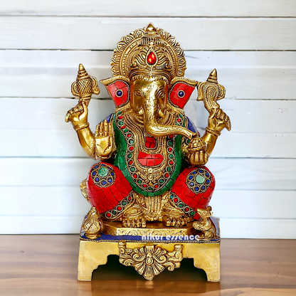 Buy Ganesha Ganesha Sitting Brass with Stone Work statue - 11 inch Nikuressence