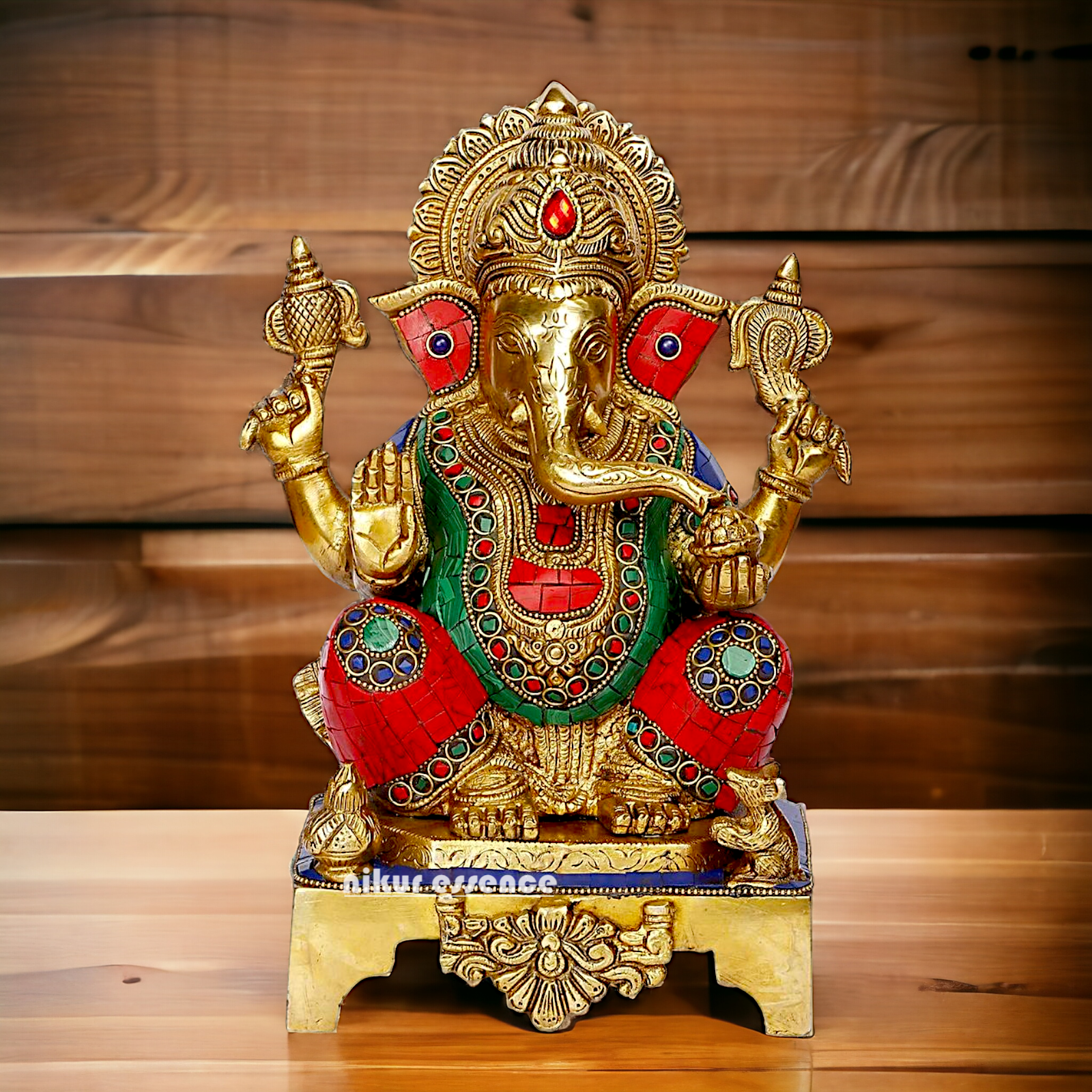 Buy Ganesha Ganesha Sitting Brass with Stone Work statue - 11 inch Nikuressence