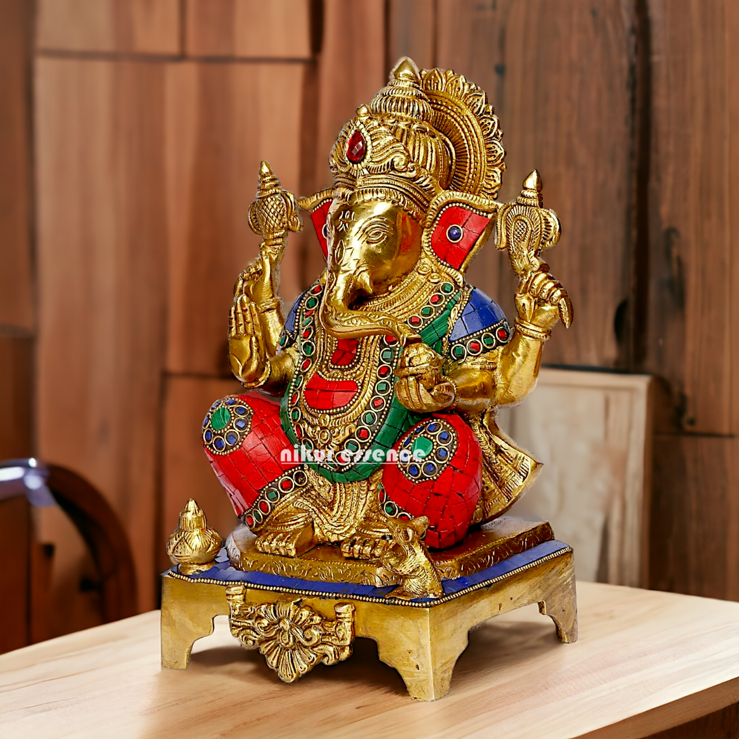 Buy Ganesha Ganesha Sitting Brass with Stone Work statue - 11 inch Nikuressence