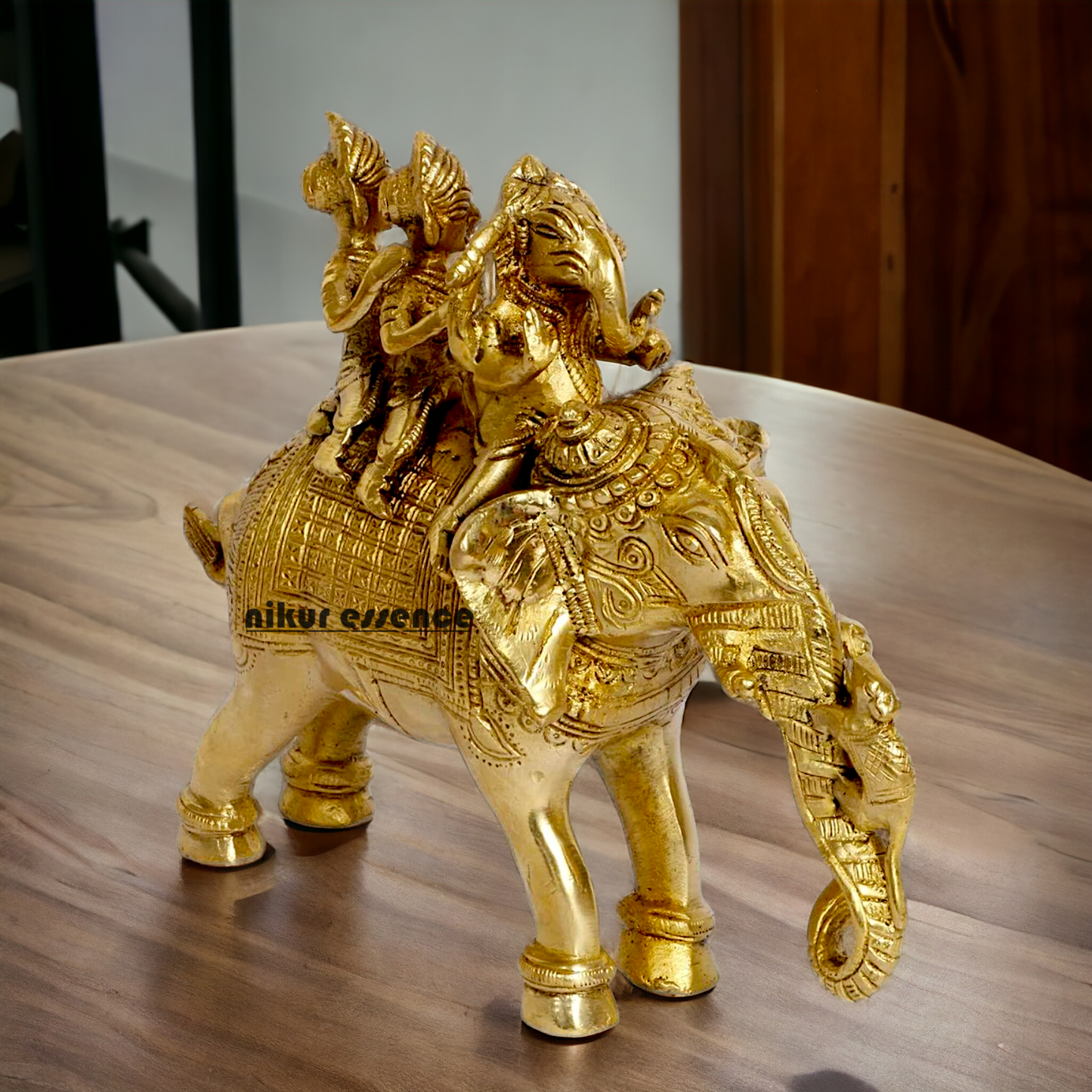 Lord Ganesha riding on Elephant with Riddhi Siddhi solid Brass idol - 8 inch Nikuressence