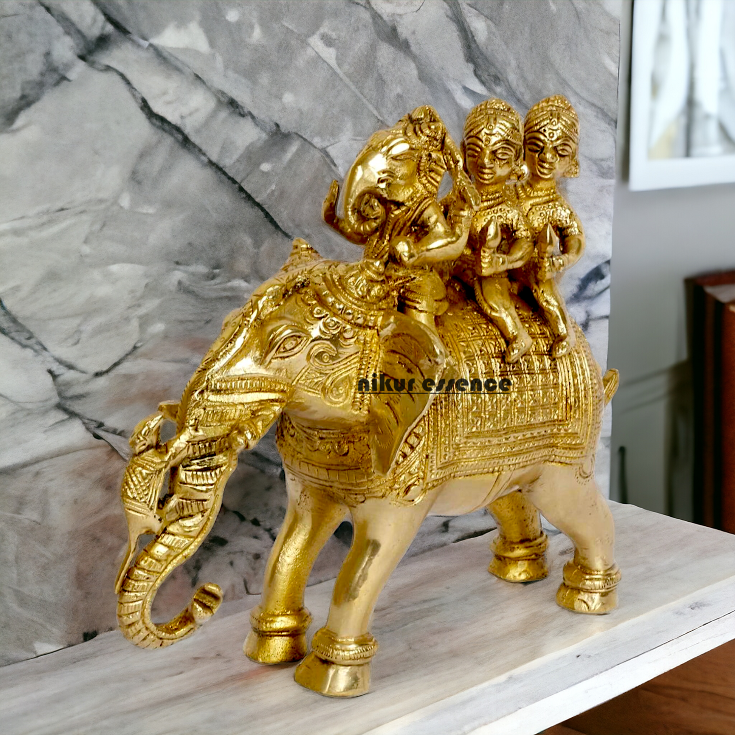 Lord Ganesha riding on Elephant with Riddhi Siddhi solid Brass idol - 8 inch Nikuressence