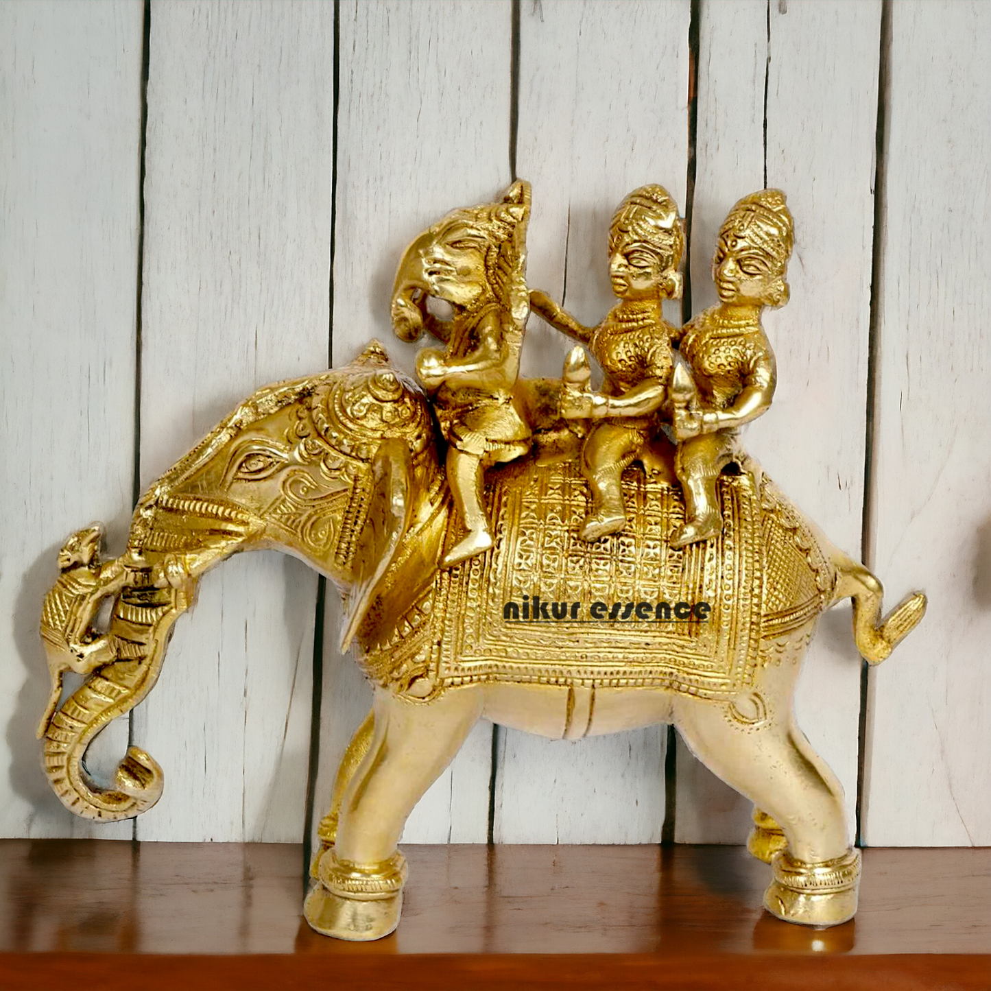 Lord Ganesha riding on Elephant with Riddhi Siddhi solid Brass idol - 8 inch Nikuressence