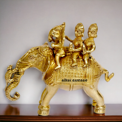 Lord Ganesha riding on Elephant with Riddhi Siddhi solid Brass idol - 8 inch Nikuressence