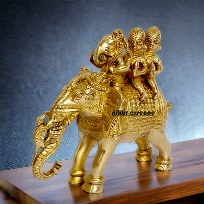 Lord Ganesha riding on Elephant with Riddhi Siddhi solid Brass idol - 8 inch Nikuressence