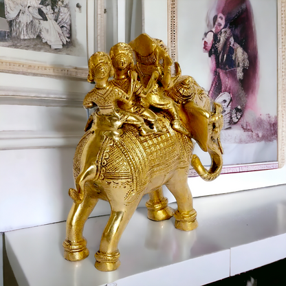 Lord Ganesha riding on Elephant with Riddhi Siddhi solid Brass idol - 8 inch Nikuressence