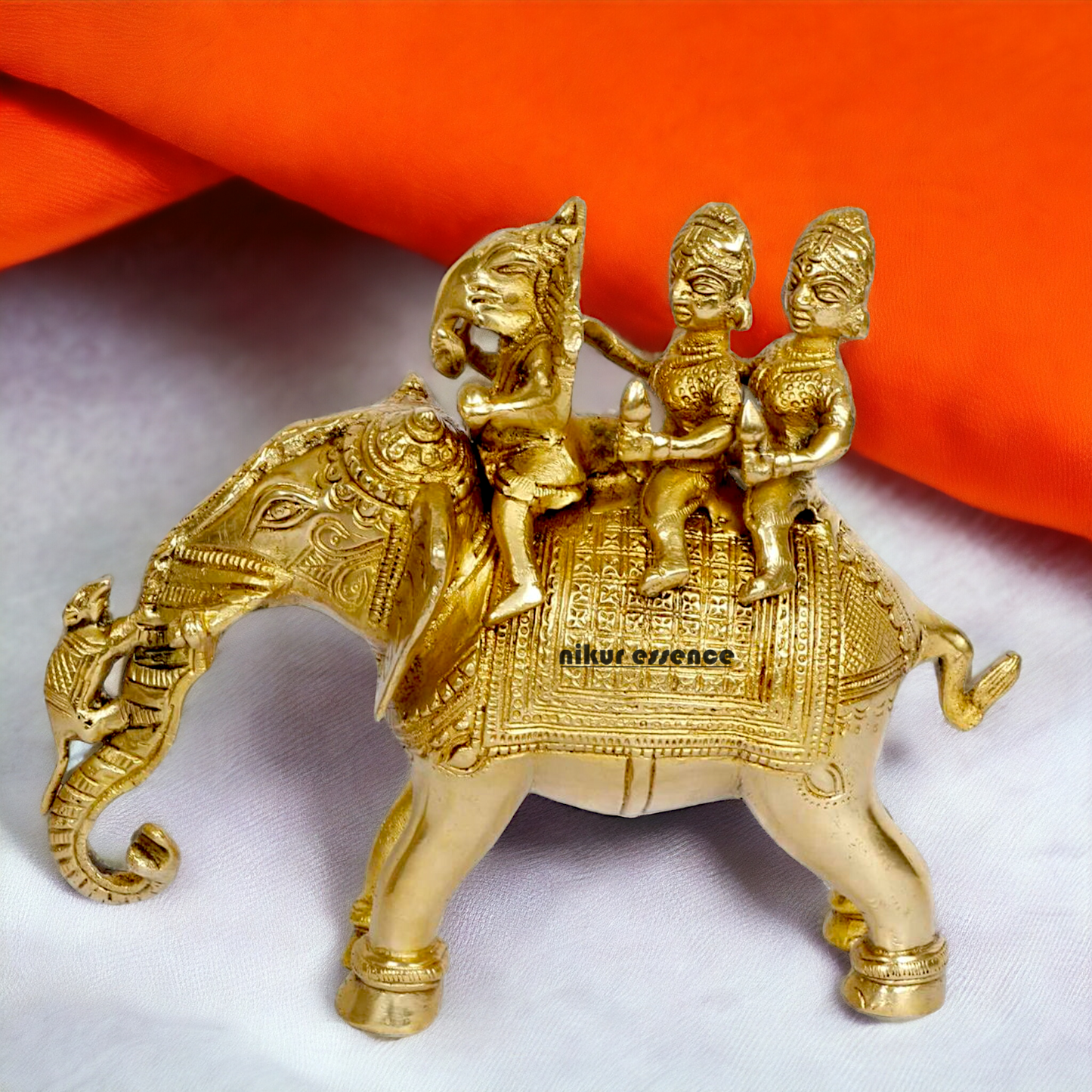 Lord Ganesha riding on Elephant with Riddhi Siddhi solid Brass idol - 8 inch Nikuressence