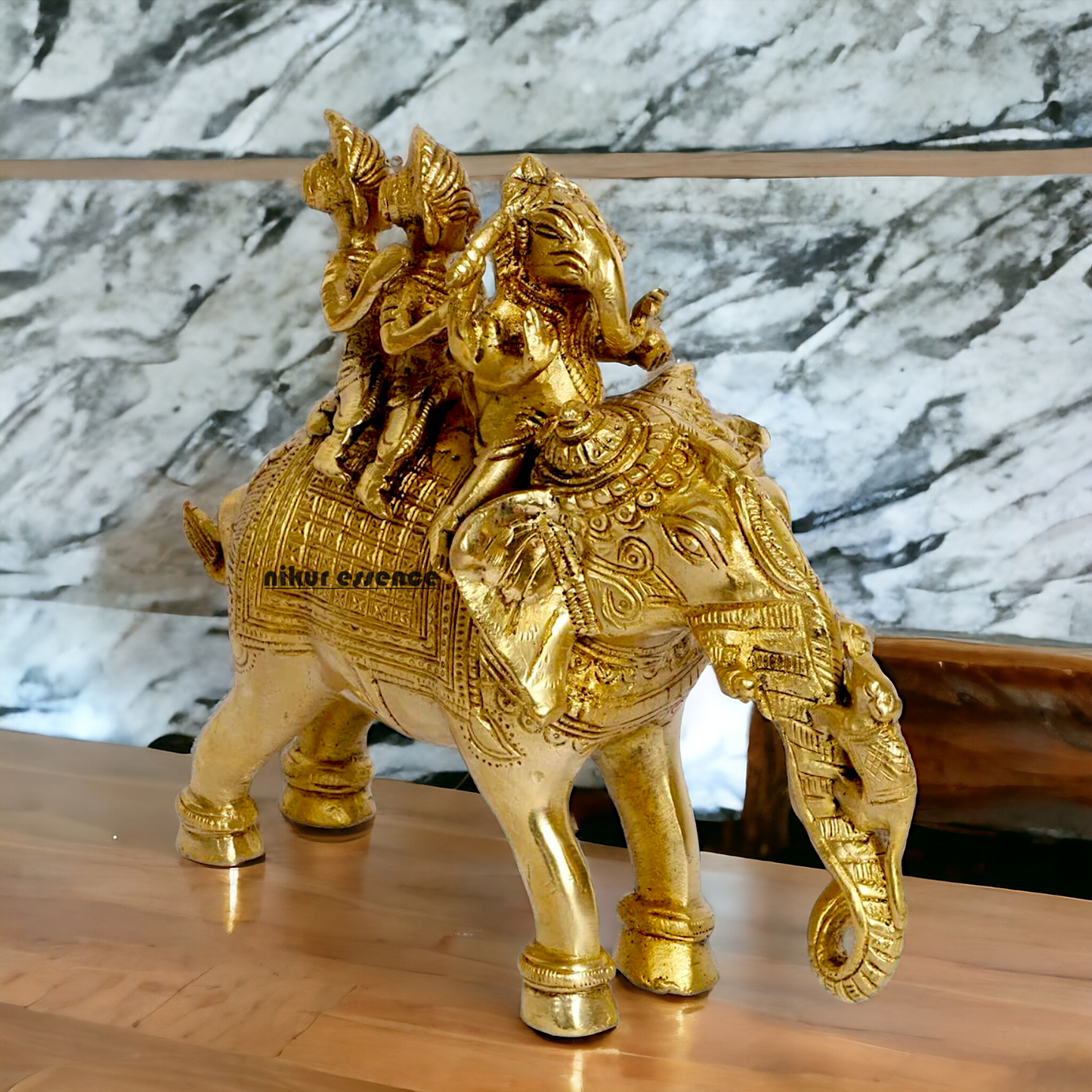 Lord Ganesha riding on Elephant with Riddhi Siddhi solid Brass idol - 8 inch Nikuressence