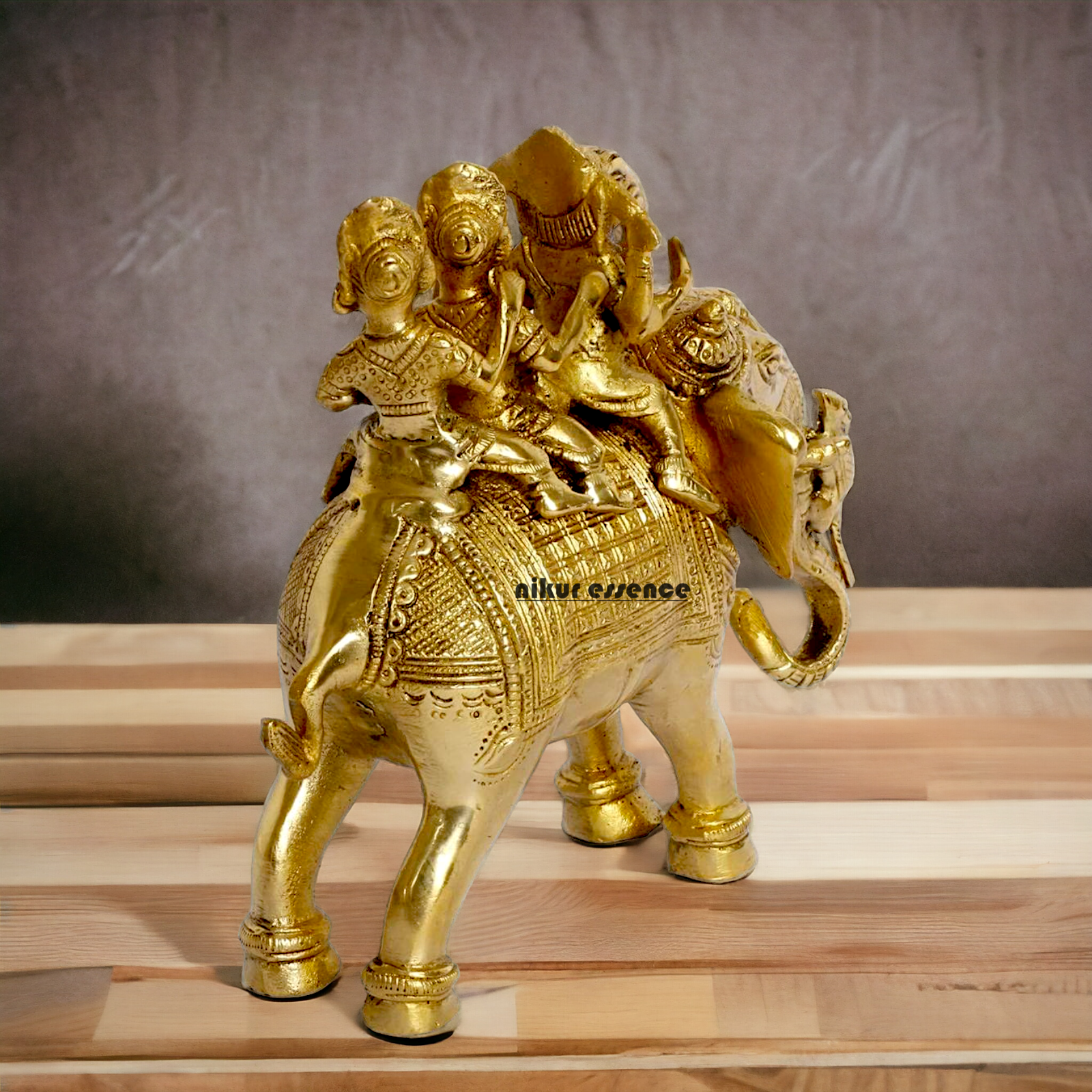 Lord Ganesha riding on Elephant with Riddhi Siddhi solid Brass idol - 8 inch Nikuressence