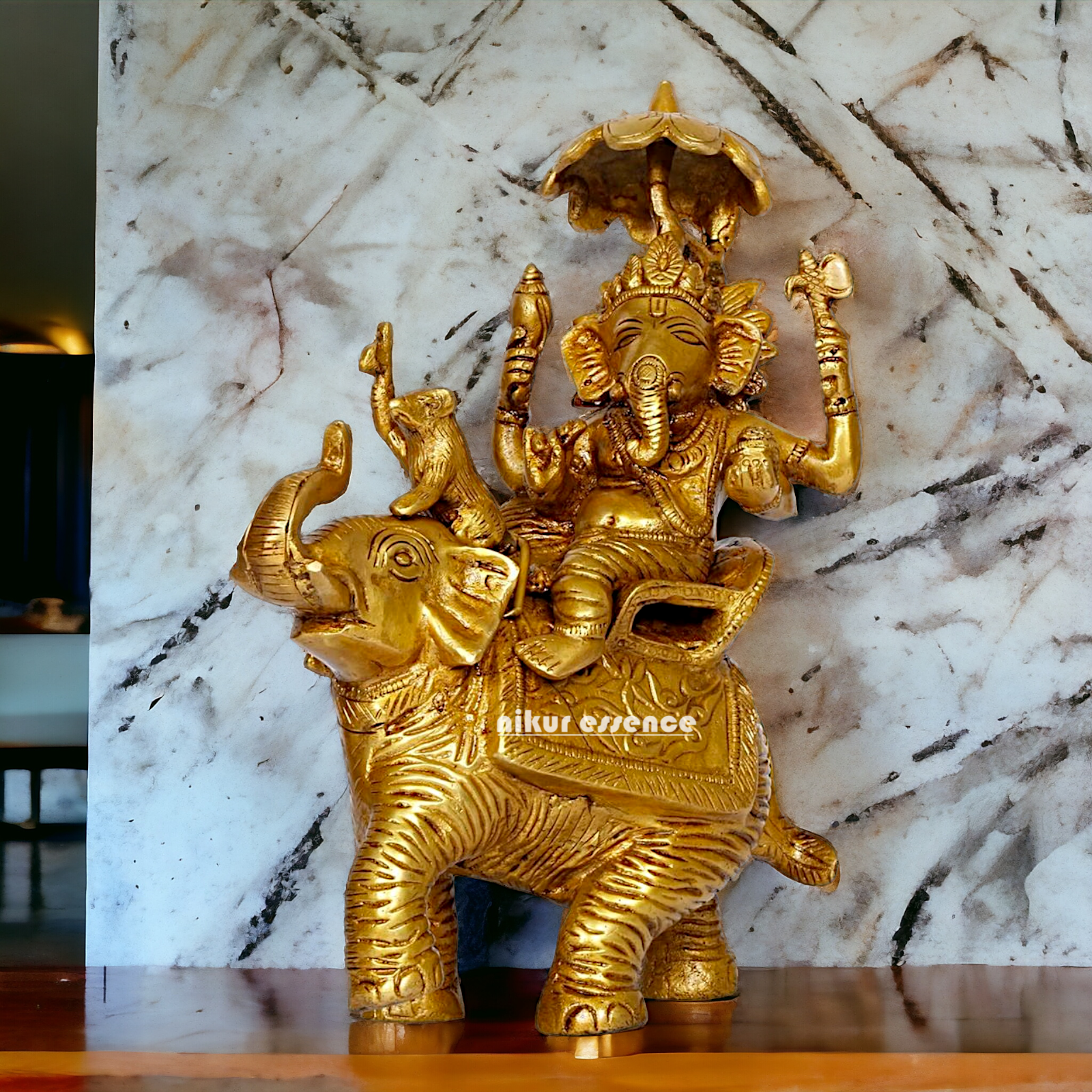 Pure Brass Ganesha Seated on Elephant with rat statue - 9 Inches Nikuressence