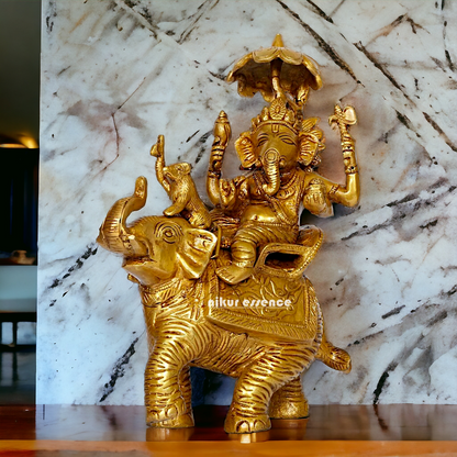 Pure Brass Ganesha Seated on Elephant with rat statue - 9 Inches Nikuressence