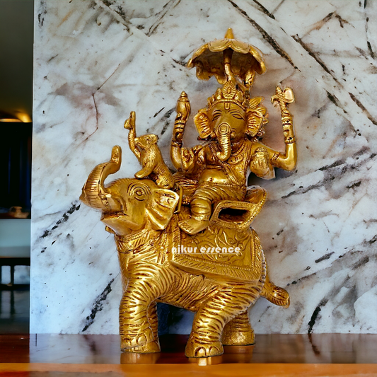 Pure Brass Ganesha Seated on Elephant with rat statue - 9 Inches Nikuressence