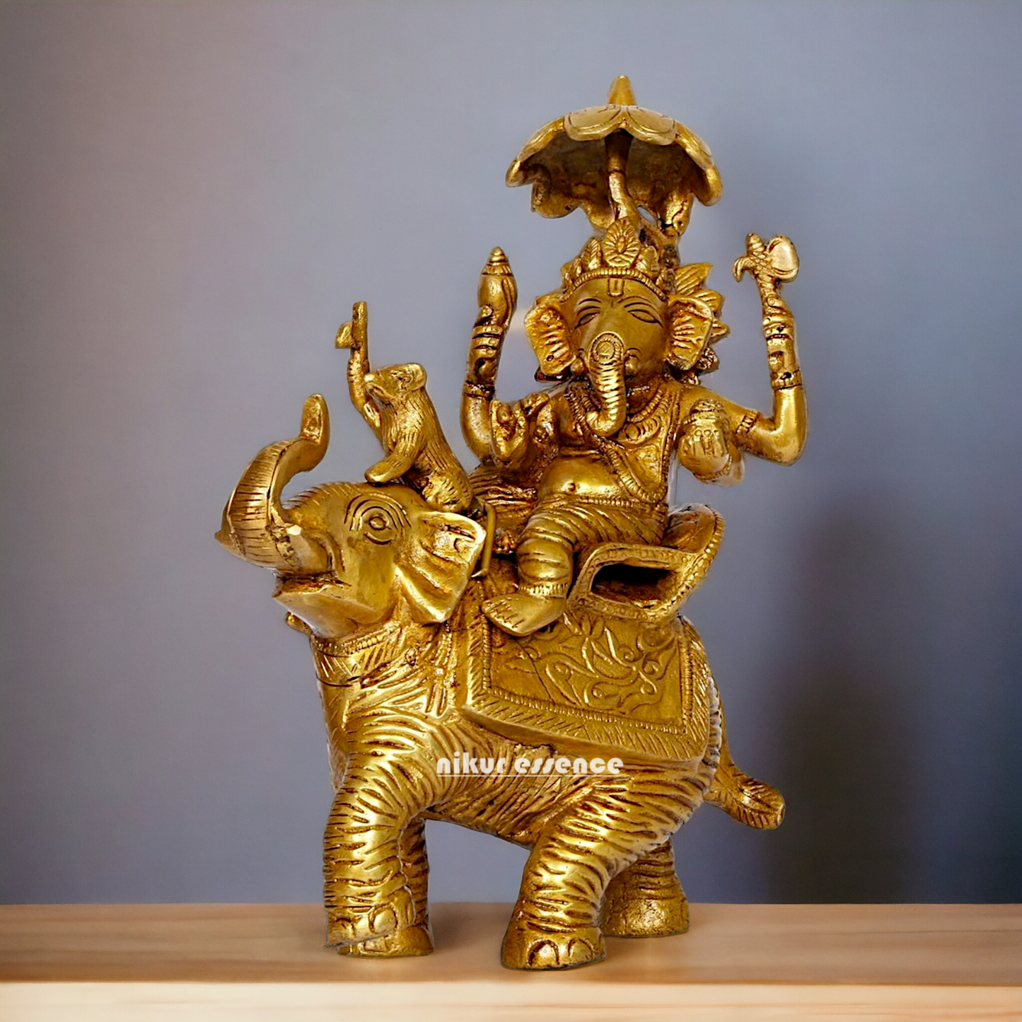 Pure Brass Ganesha Seated on Elephant with rat statue - 9 Inches Nikuressence