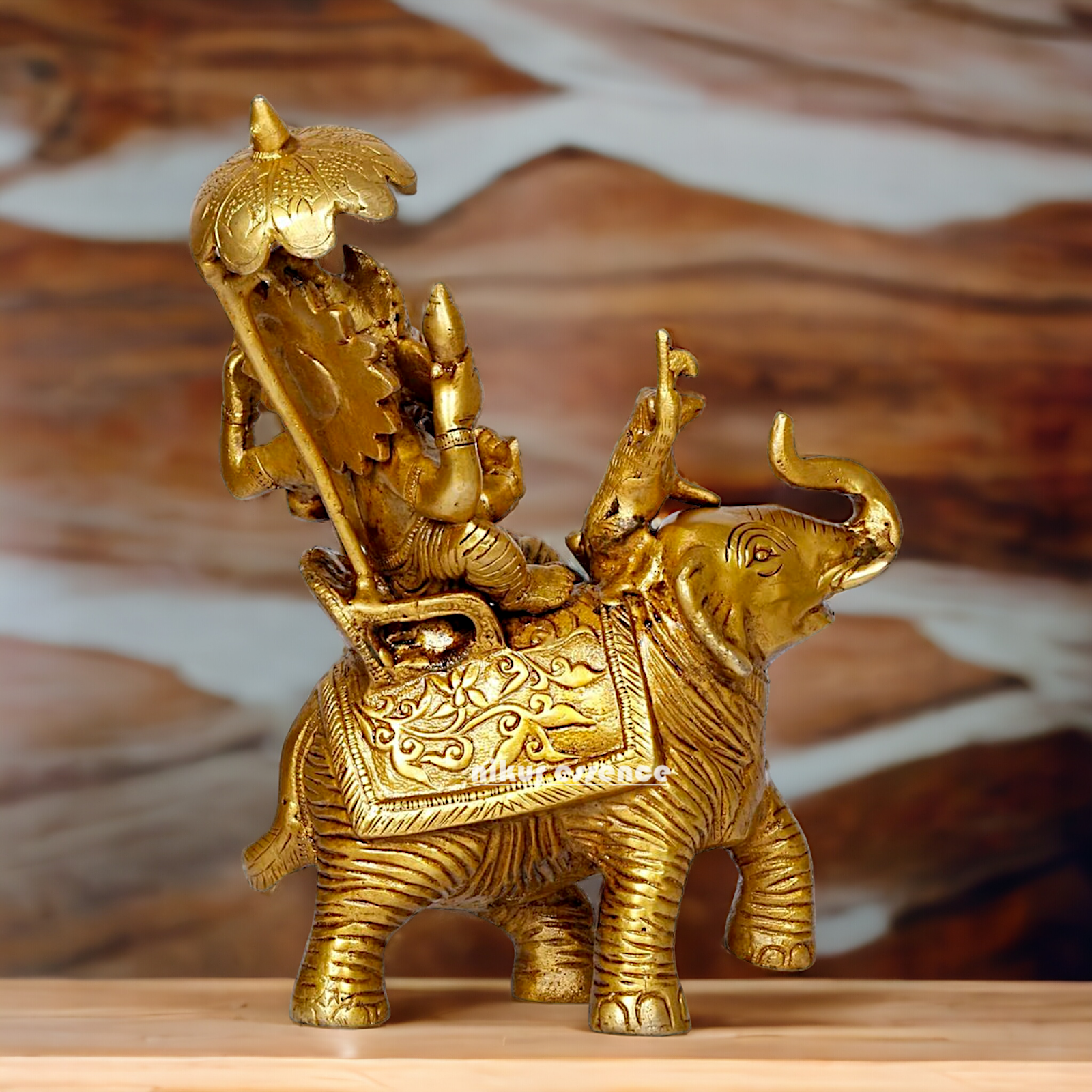 Pure Brass Ganesha Seated on Elephant with rat statue - 9 Inches Nikuressence
