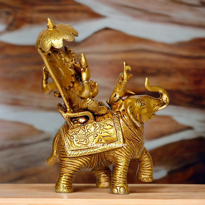 Pure Brass Ganesha Seated on Elephant with rat statue - 9 Inches Nikuressence