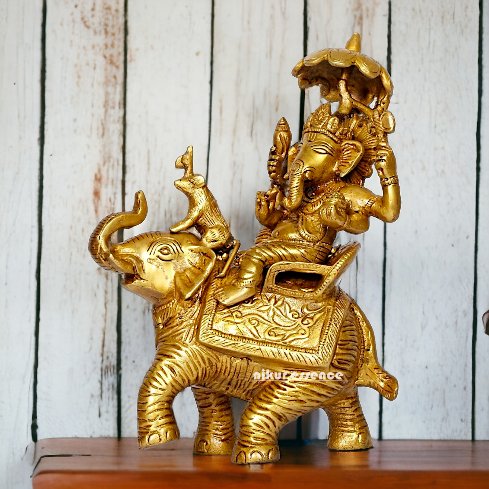 Pure Brass Ganesha Seated on Elephant with rat statue - 9 Inches Nikuressence