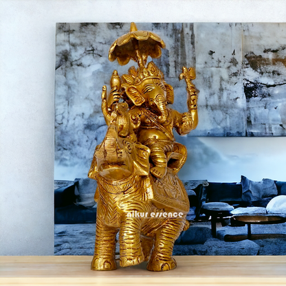 Pure Brass Ganesha Seated on Elephant with rat statue - 9 Inches Nikuressence